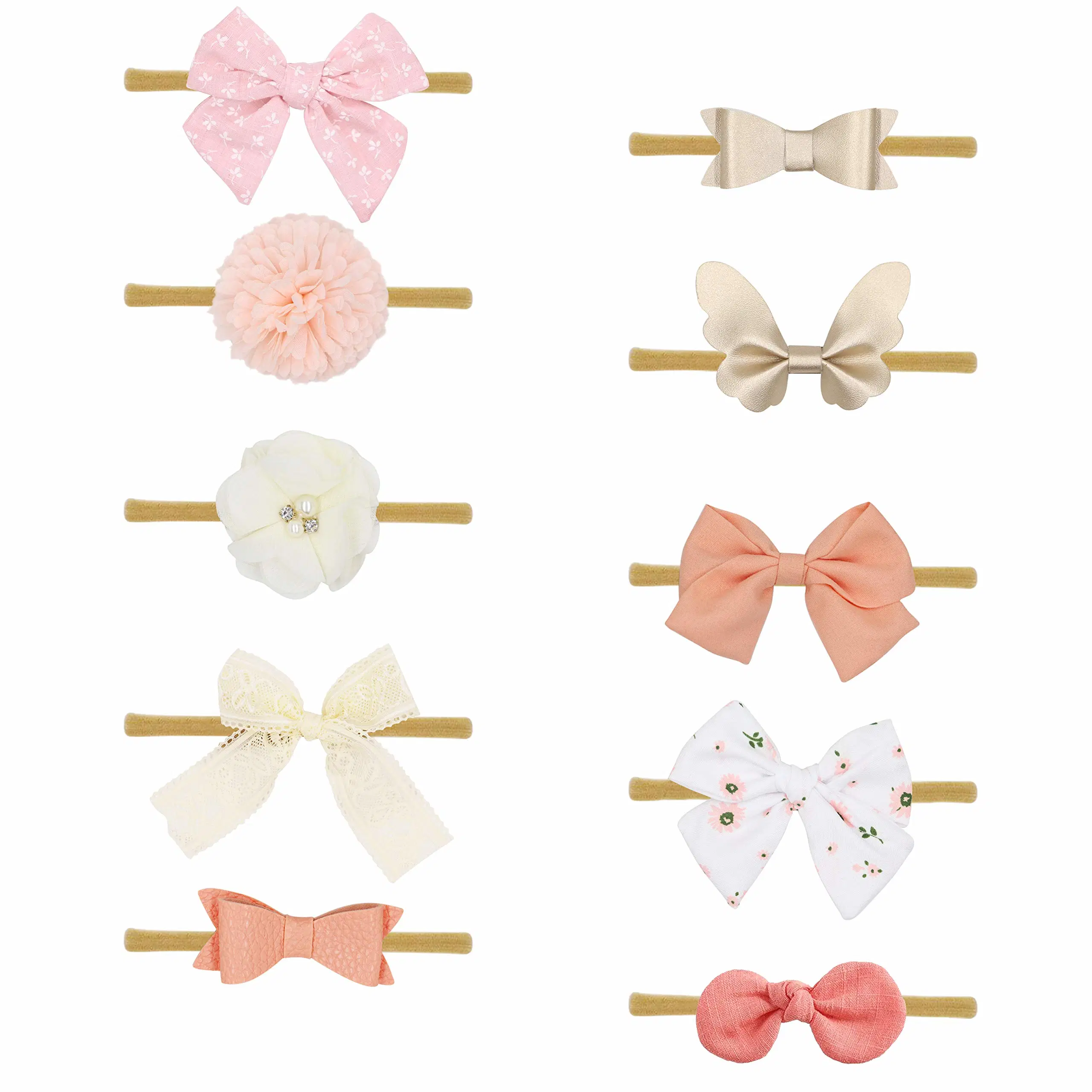 Baby Girl Headbands Fabric Linen Bows Flowers, 10 Pack Hair Accessories for Newborn Infant Toddler Gift