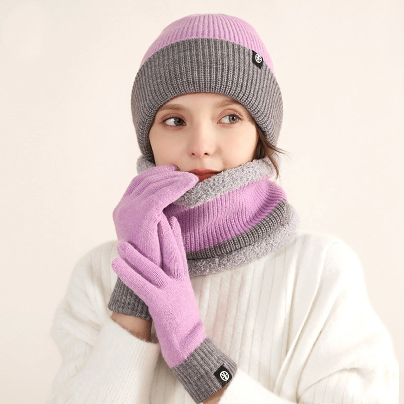 Winter Unisex Striped Knitted Rib Plain Hat Gloves Scarf Set