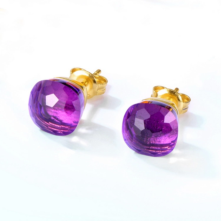 Fashion Custom Logo 925 Sterling Silver Classic Synthetic Crystal Amethyst Color Stone Stud Earring for Women