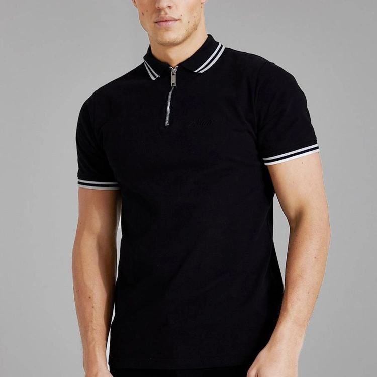 New Arrival Summer Casual Zipper up Polo T-Shirts Black Short Sleeve Shirts