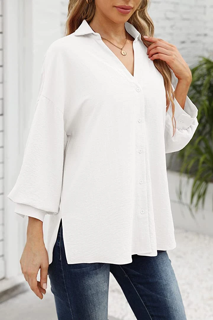 High quality/High cost performance  Casual Solid Color Chiffon Shirt Lantern Sleeve Tops Loose Blouse