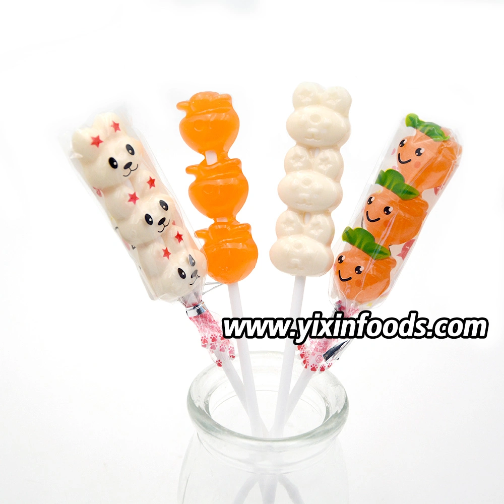 Factory Wholesale/Supplier Cartoon Rabbit Carrot Kids Milk and Fruit Flavor Hard Colorful Lollipop Candy