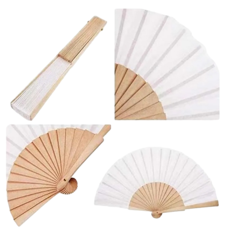 White Paper Hand Held Fan Bamboo Paper Folding Fans for Wedding Fans Dancing Party DIY Craft Fan