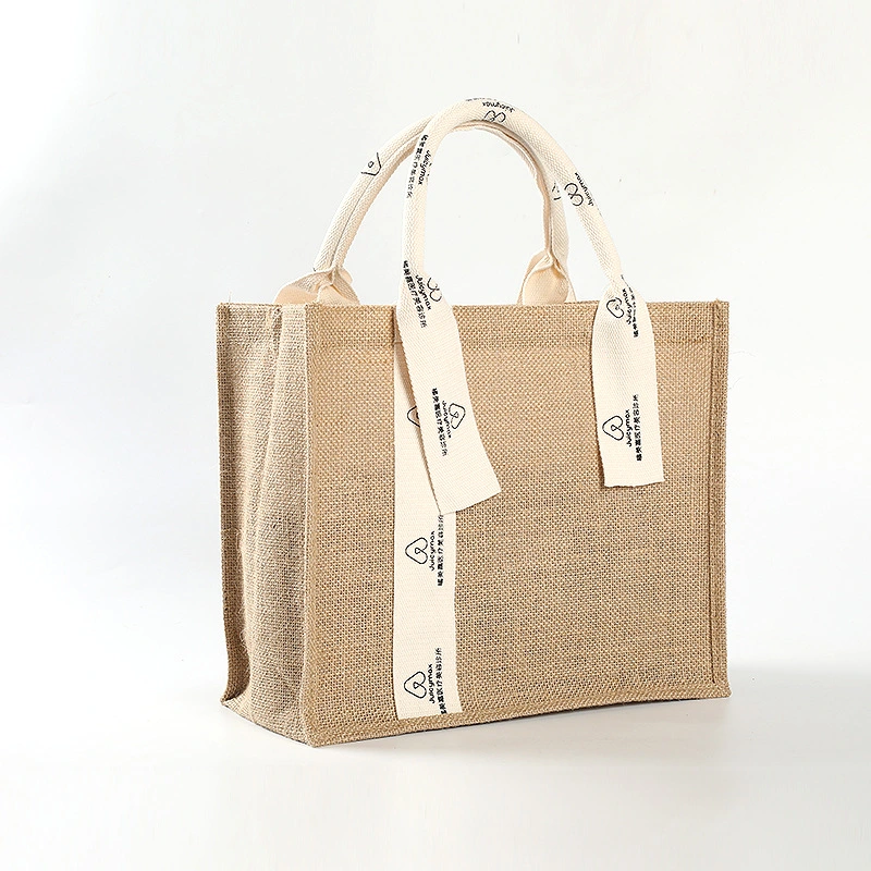 Fashion Shopping Handbag Wholesale/Supplier Art DIY Flax Sack Printing Logo Jute Bag with Ribbon