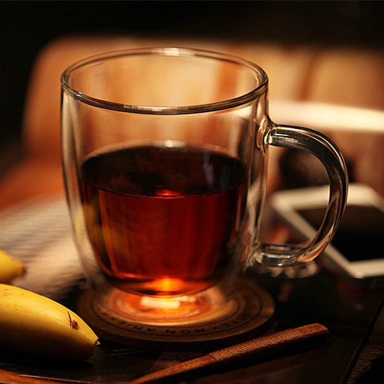 أواني زجاجية مزدوجة من كأس الشاي الزجاجي مع مقبض (مقاوم للحرارة)