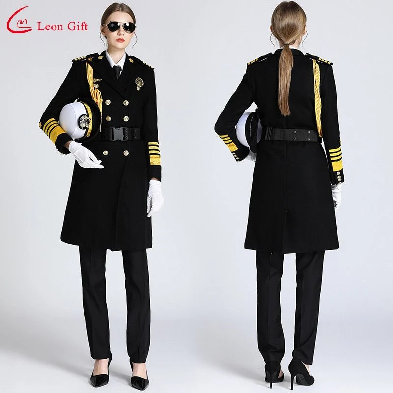 Custom Logo Workwear Sets Sicherheit Uniform Seaman Mantel Weiblich Lang Schlanke knielange Captain′ S Jacke Rundanzug Allied Universal Sicherheitskleidung