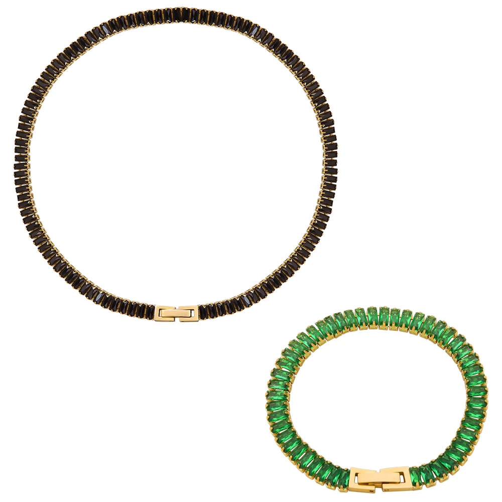 Hot Fashion Stainless Steel Rainbow Colorful Zircons Gemstones Stone Tennis Bracelet Necklace Jewelry Set