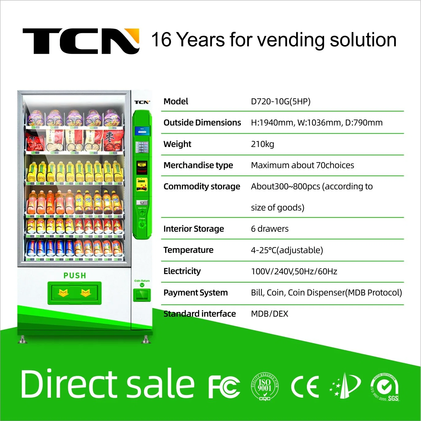 Tcn Big Capacit Drinks and Snacks Vending Machine for Sales