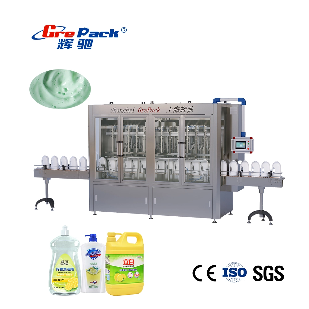 Machine de remplissage de bouteilles de liquide visqueux pour lessive, vaisselle, shampoing avec piston servo automatique et certification CE.