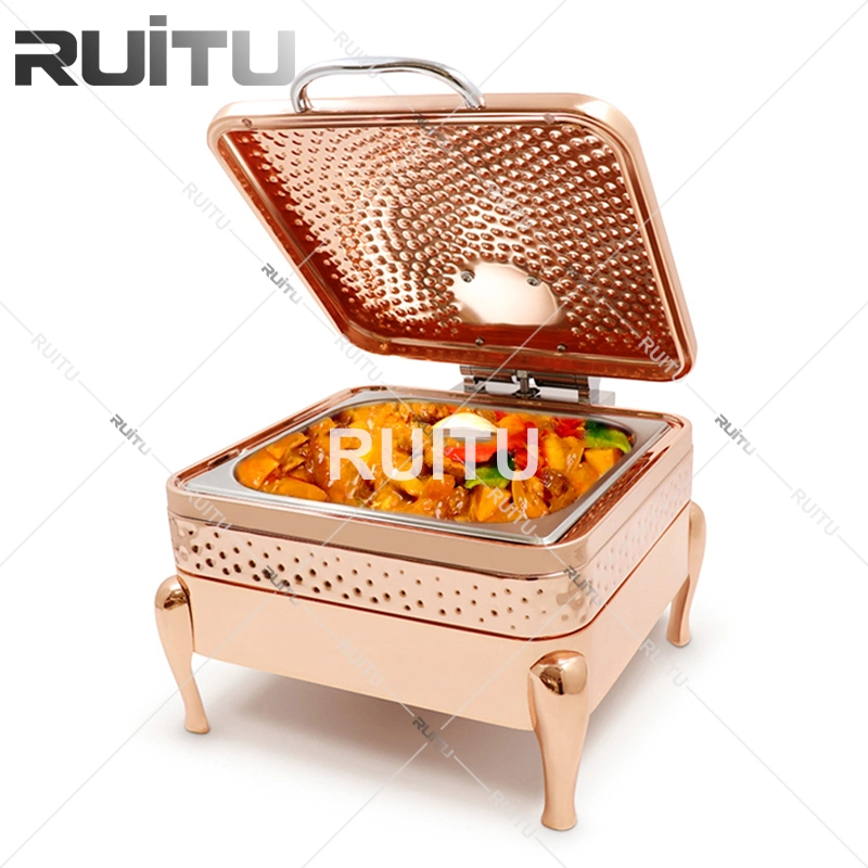 High quality/High cost performance 18/10 Stainless Steel Glass Lid Standing Food Warmer Chafers Hydraulic Oblong Brass Wedding 9 Litre Pour Buffet Copper Rose Gold Chaffing Dish