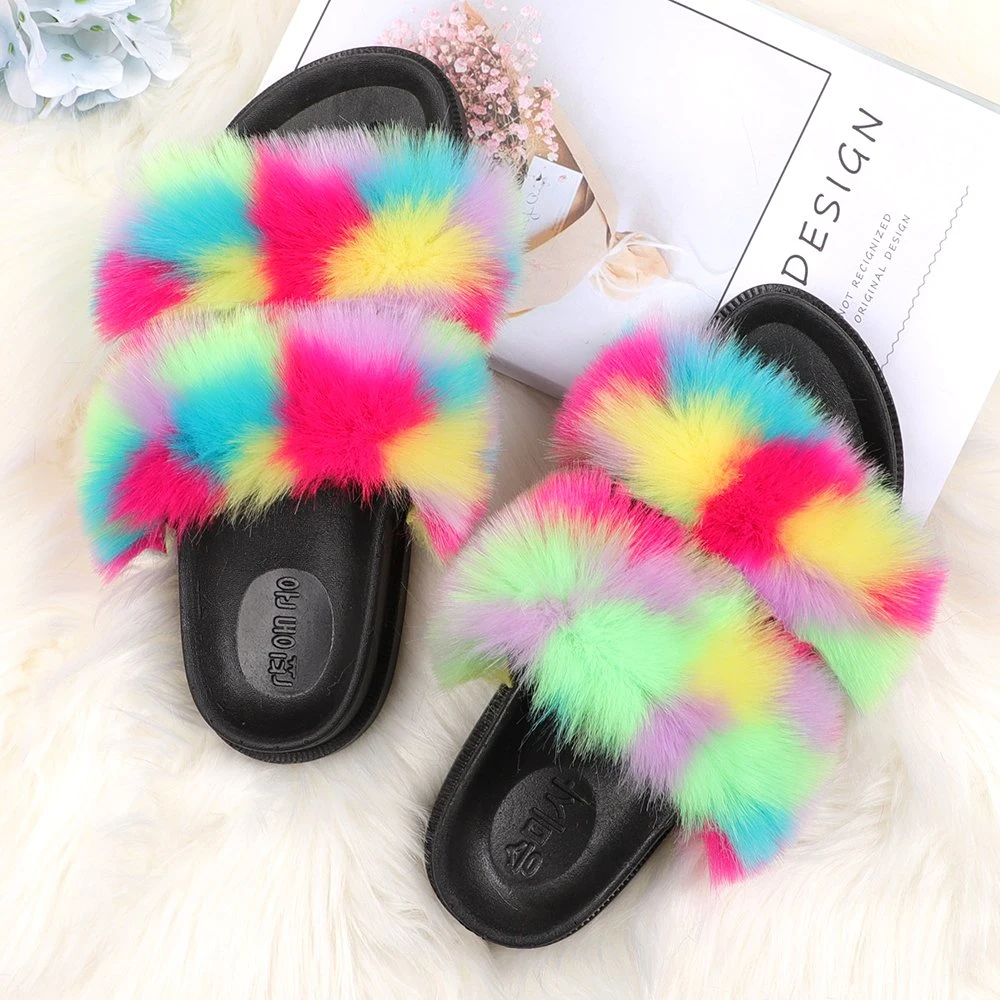 2021 Fashion Women Shoes Fancy Lady House غرفة نوم المنزل الداخلي شتاء دافئة ثعلب faux Fur مرح منفوش أحذية فوزي وثيرة 18 لونًا