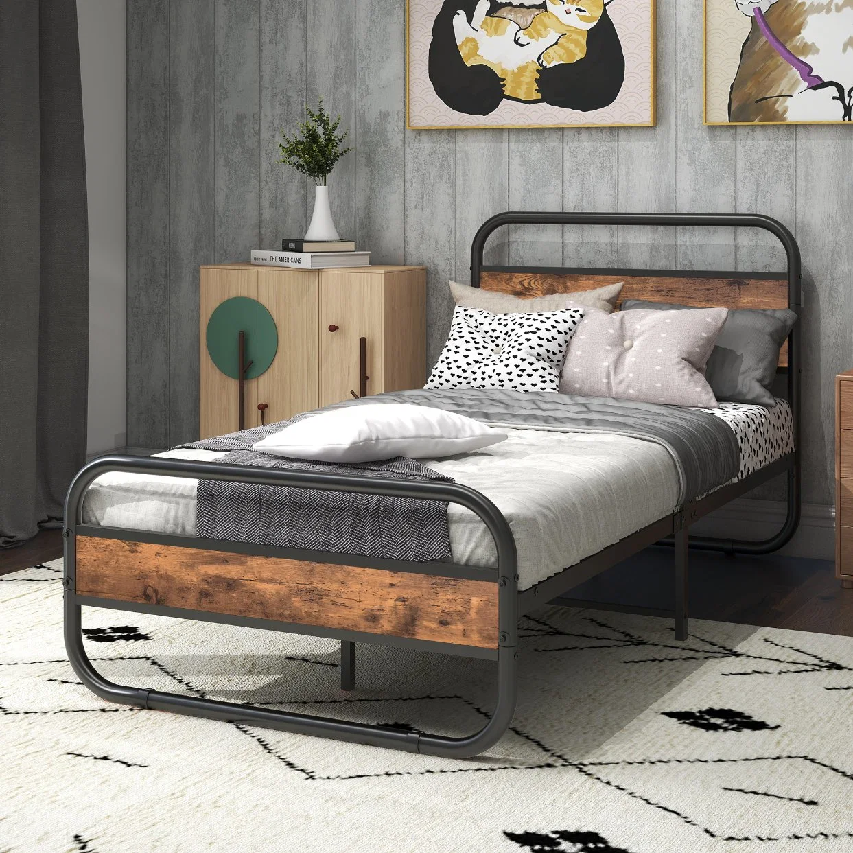 with Wooden Headboard and Footboard Twin Size Metal Bed Frame