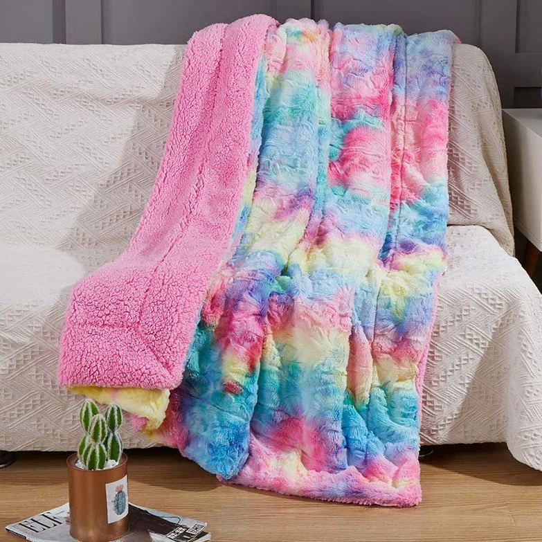 Colorista piel sintética Super suave Fluffy Plush Sherpa Rainbow Blanket