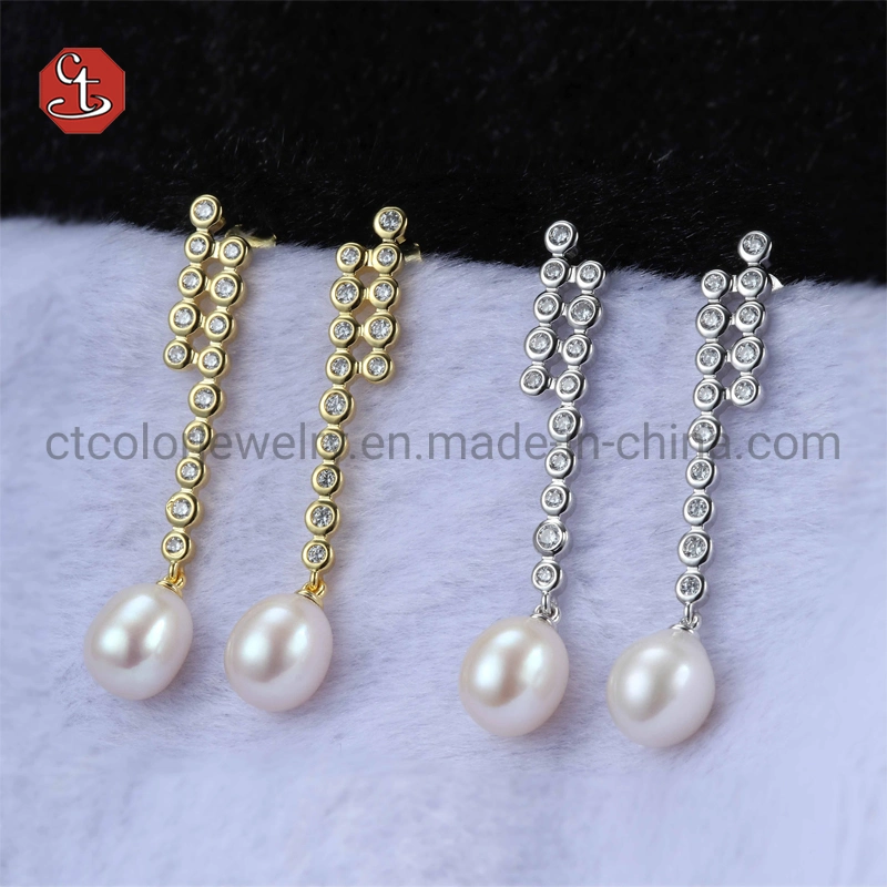 Bisutería de moda Plata y latón Blanco Concha Pearl pendiente gota Joyería