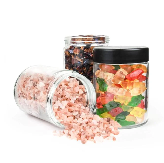 18 Oz Transparent Child Resistant Glass Jars with Black Cap for 1 Ounce Dry Flower with PE Liner to Create an Optimum Seal