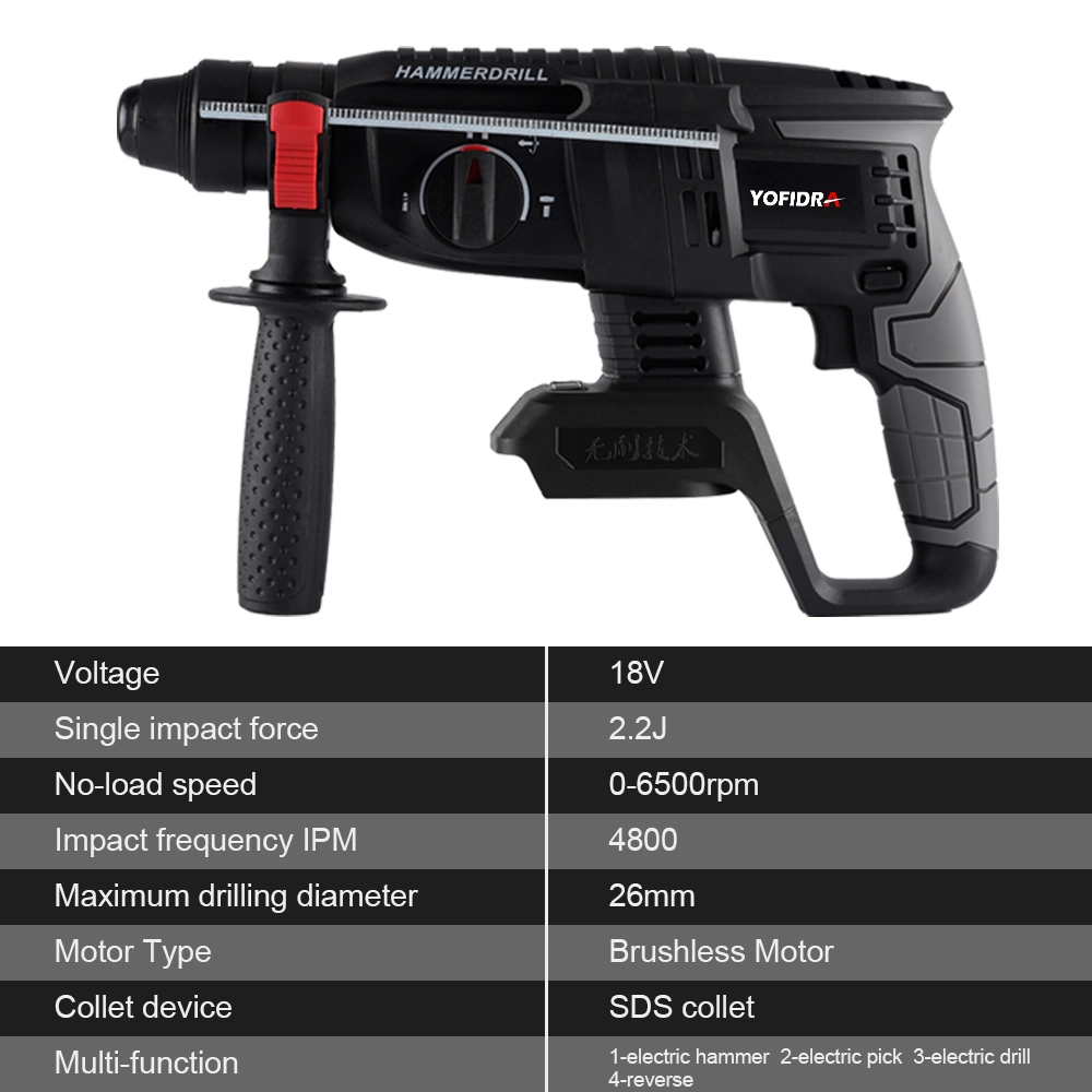 Yofidra 26mm Brushless Electric Hammer Electric Pick Impact Drill Multi-Function Cordless Rotary Tool for 18V Battery