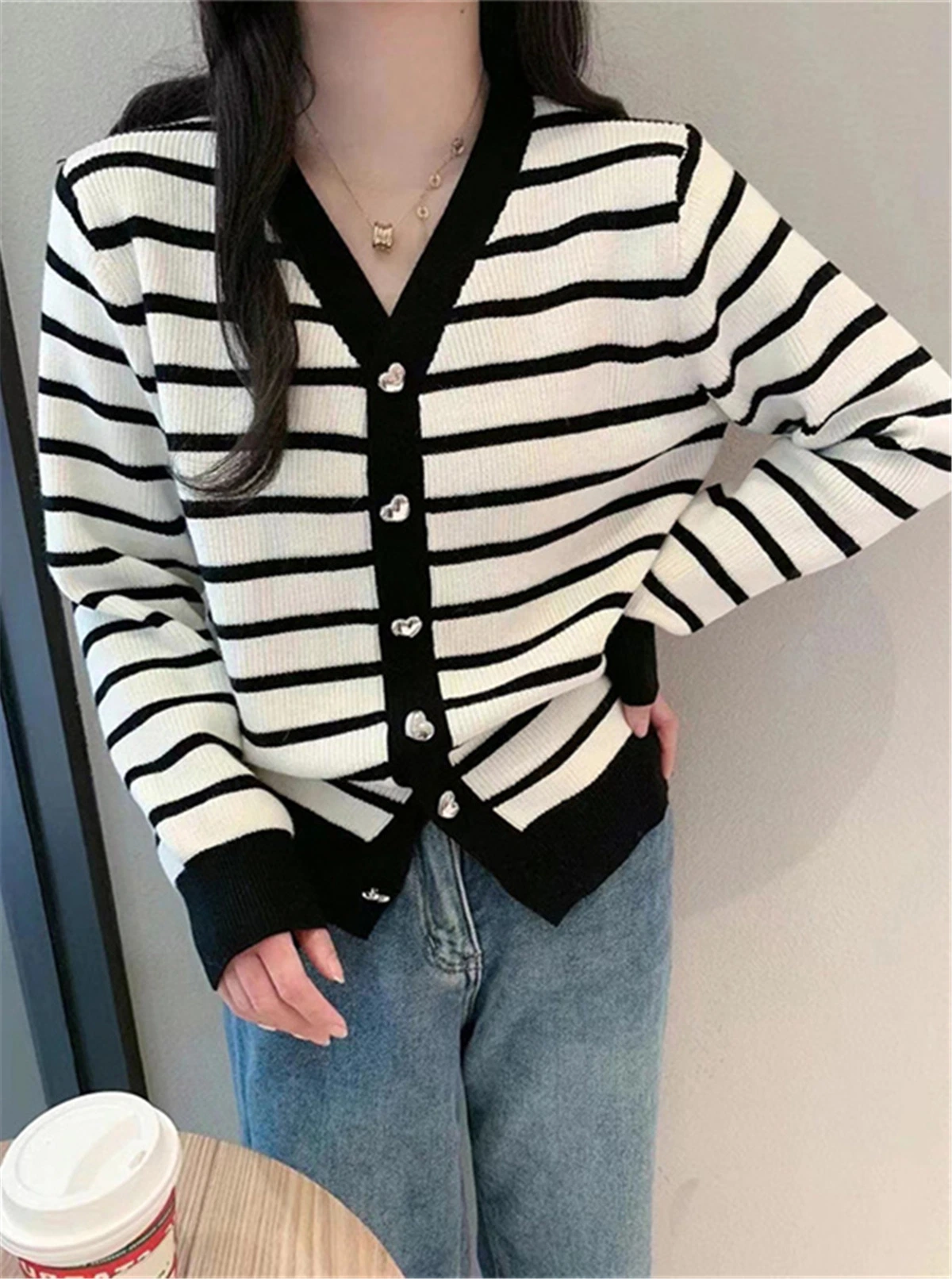 Women's Striped Contrast Knit Heart Button Loose Cropped Sweater