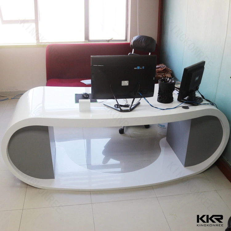 White Glossy Artificial Stone Office Table Reception Desk