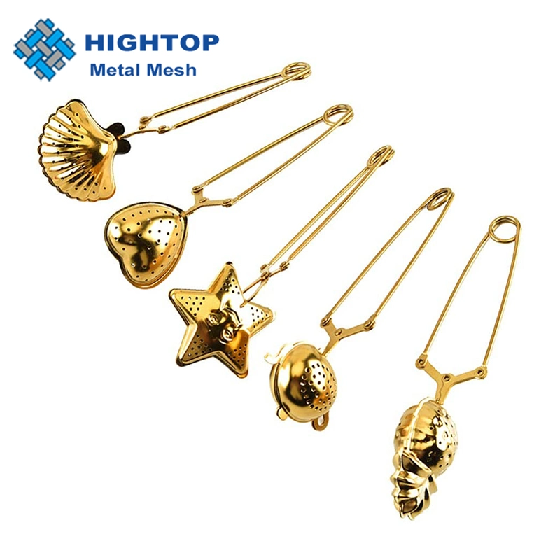 Long Handle Gold Color 304 Food Grade Stainless Steel Star Shaped Tea Strainer Tea Filter with Clips