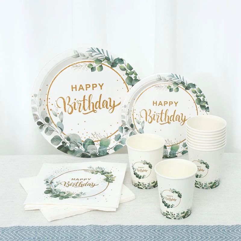 Green Leaves Printing Tableware Set Paper Cup Plate Napkins Birthday Party Supply