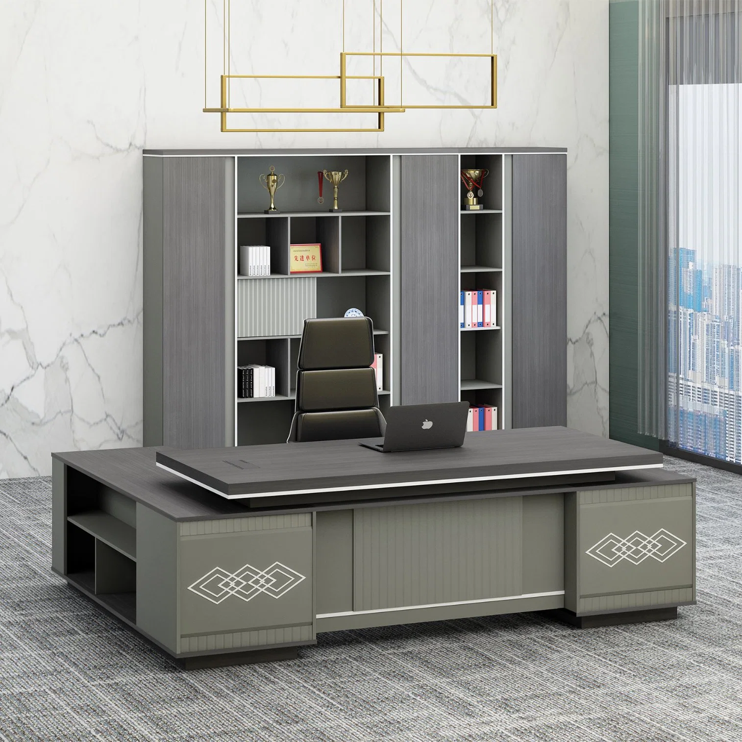2023 Neues Design modernes Aluminium Luxus Melamin Holz Escritorio L Shape Management CEO Executive Office Furniture 2,8m 3,2m Big Office Schreibtisch