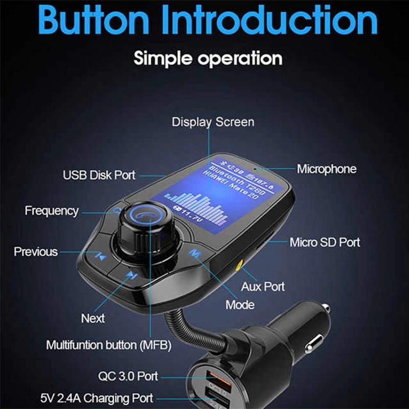 USB QC3.0 Car MP3 Player FM Transmitter Car Charger with 1.8&prime; &prime; TFT Color Display