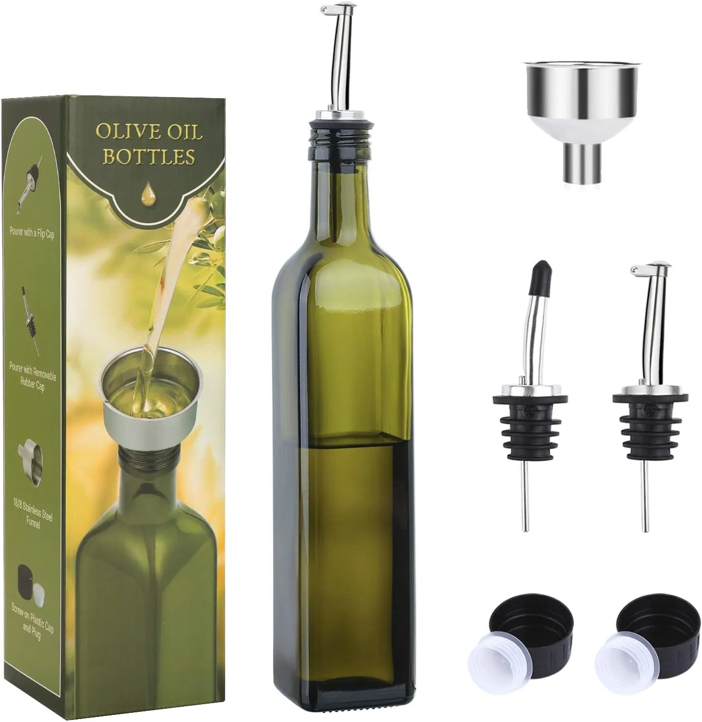 100ml 250ml 500ml 750ml 1000ml Bouteille de distributeur d'huile en verre carrée verte transparente et bouteille de distributeur de vinaigre. Récipient d'huile