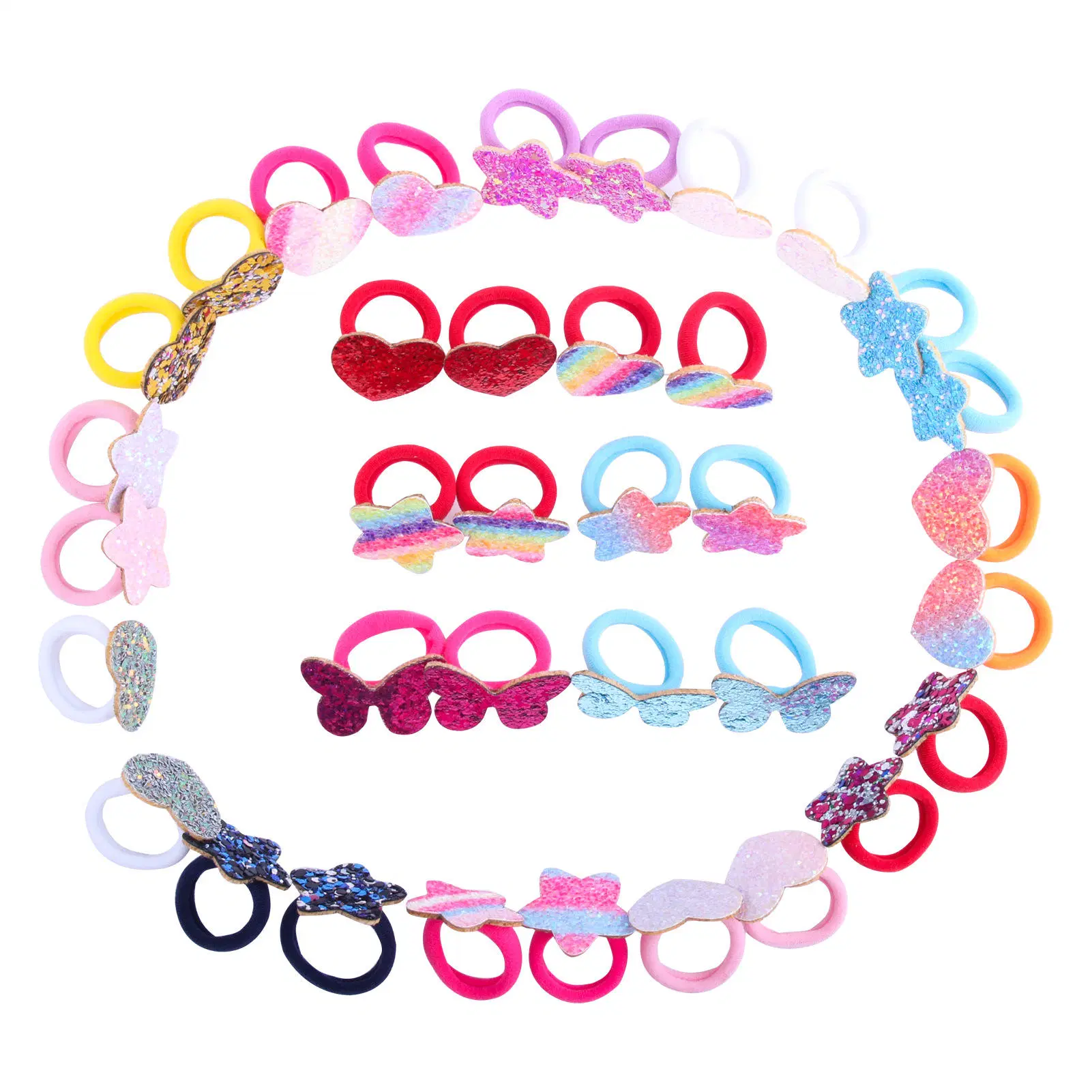 Cross-Border Factory Baby Girls High Elastic Rainbow Gradient Pentacle Heart Glitter Rubber Band