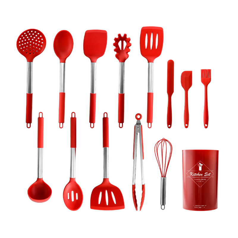 Ensemble de cuisine en silicone antiadhésif rouge personnalisé de 14 pièces avec manche en tube en acier inoxydable. Ensemble d'ustensiles de cuisine en silicone.