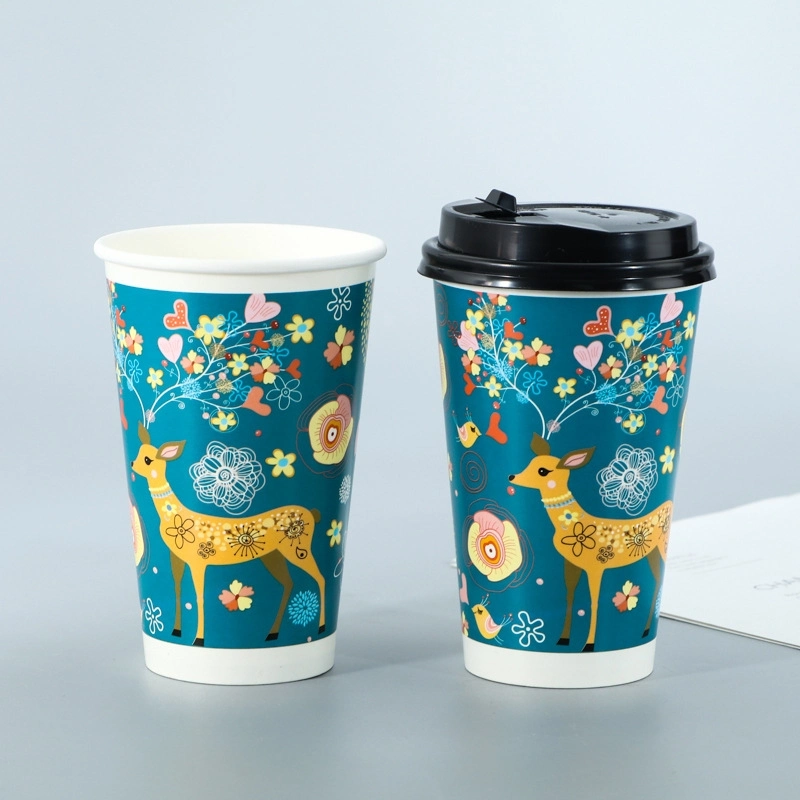 Copo de café com papel descartável de parede dupla e impresso personalizado Com tampa para bebidas quentes frias