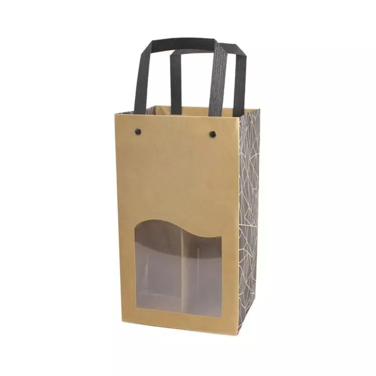 Brown Kraft Beer Bottle Paper Bag with Plastic Handle