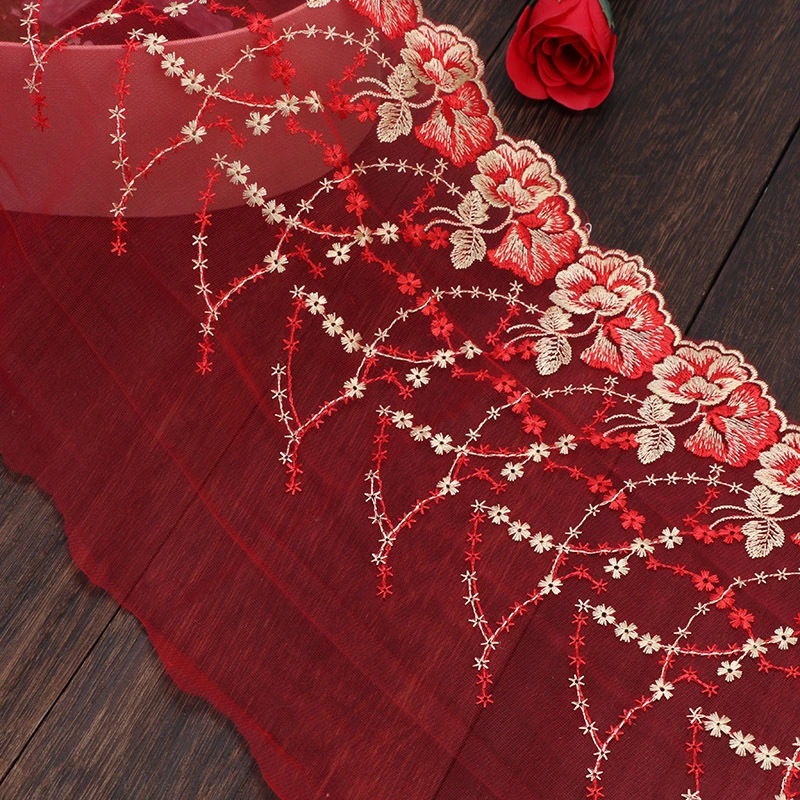 Polyester Red Mesh Tulle Lace Fabric for Party Wedding Dress Cute Embroidery Lace Trim