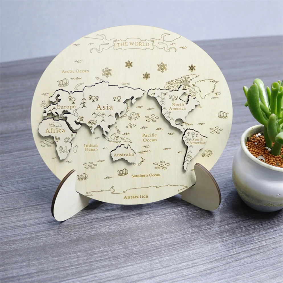 Laser Cut 3D World Map Wooden Puzzle with Stand