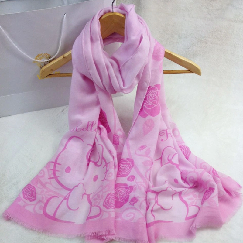 Cute Fashion High Quality Wholesale Lady Girl Custom Printing Faux Silk Polyester Spring Summer Hellokitty Scarf