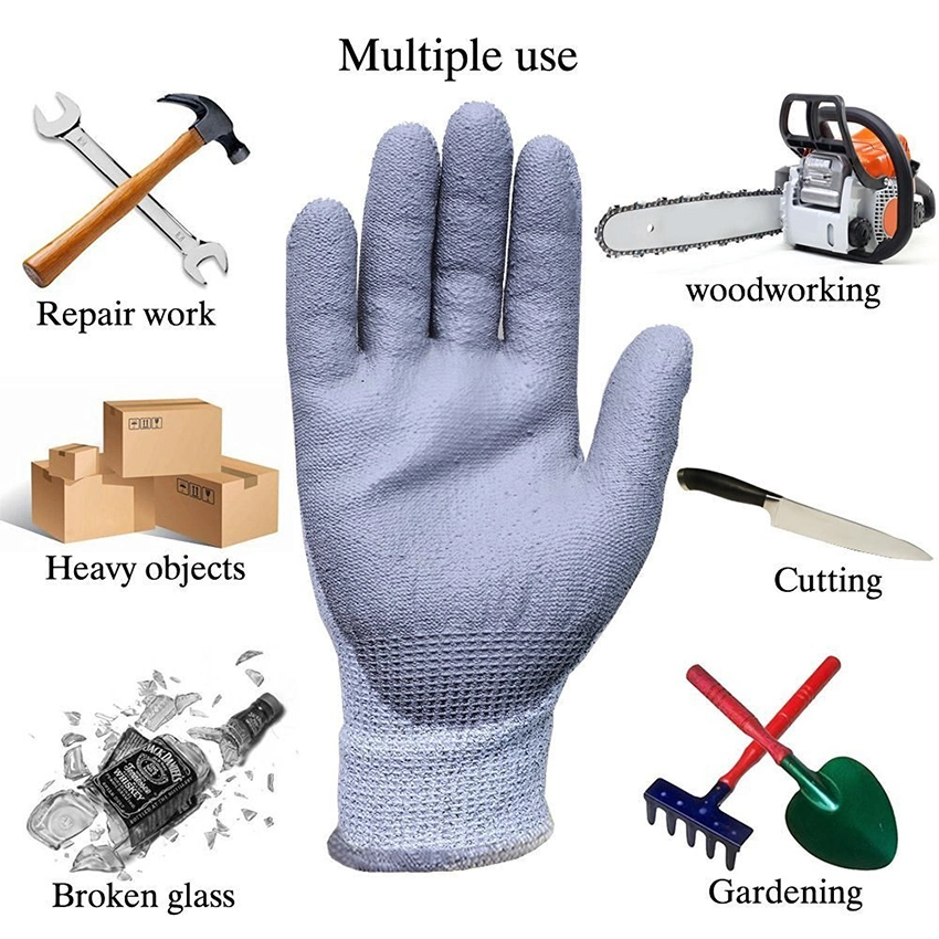 Grey Level 5 Cut Resistant PU Palm Coated Hppe Safety Work Gloves