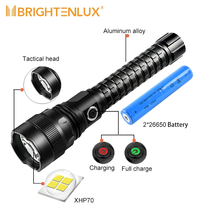 Brightenlux 5000 Lumens Best Bright Ipx4 Waterproof CREE Xhp70 5 Modes LED Tactical Flashlight with Power Bank