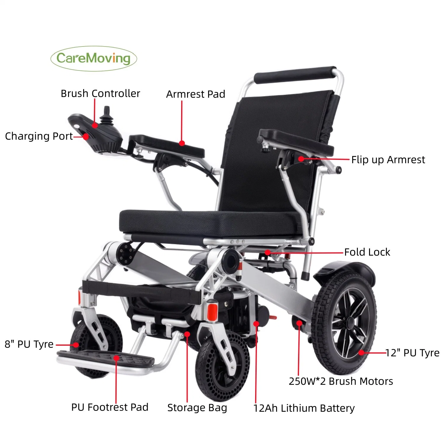 Caremoving Cm0030 Senior Handicapped Travel Lightweight Foldable Electric Wheelchair with Remote Control