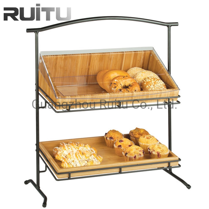 Equipamento de catering &amp; Provisões de 2 Camadas comida de madeira de carvalho Suporte estante de madeira Buffet Patisserie Pão Vitrine