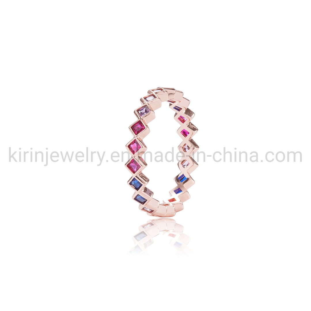 2022 Color Rainbow Diamond Rings for Women Rainbow Eternity Ring 925 Sterling Silver Pure Rose Gold Pink Diamond Baguette Ring