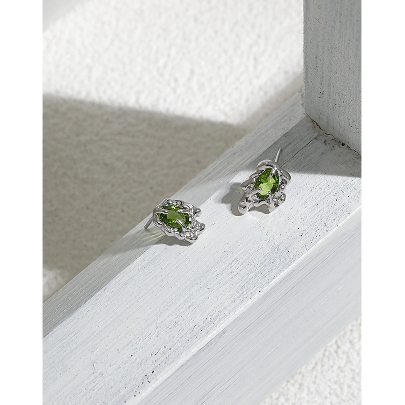 Korean Version of Ins Niche Olive Green Lava S925 Sterling Silver Earrings Female