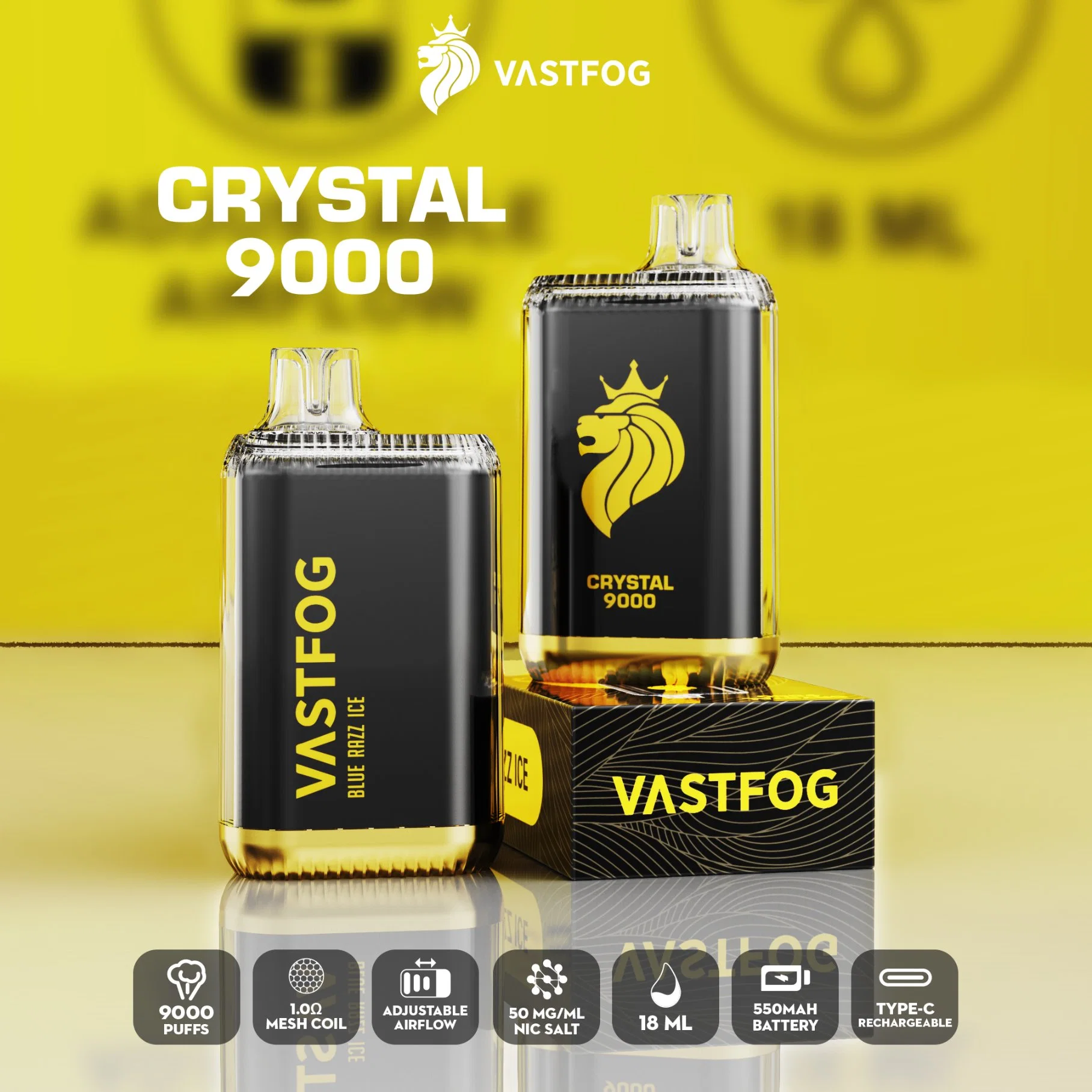 Vastbrug Crystal 9000puffs Vastfog cassette jetable avec débit d'air réglable 18 ml Stylo 550 mAh E cigarette