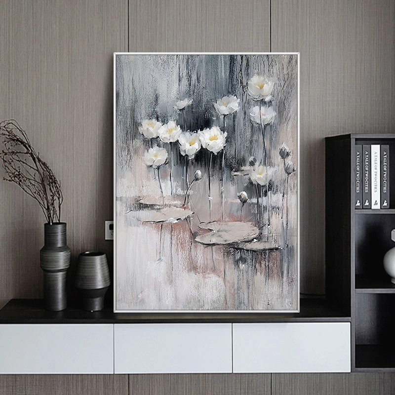 Black and White Wall Art Prints Custom Made Lotus Flower Hand Oil Canvas Painting for Home Decor