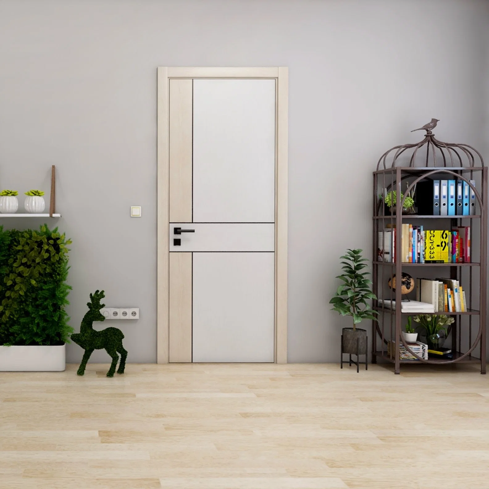 Fashion Series Wood Grain CPL Interior MDF Plain Modern Single Bedroom Door with Wooden Plywood Panel Simple Design