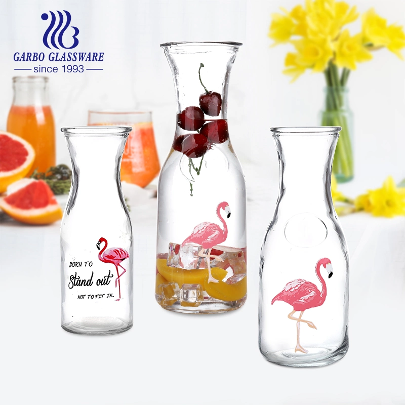 Home uso diario Logo impresión botellas de vidrio leche agua jugo Botella de almacenamiento de vidrio de cerveza con tapa cerrada vidrio de Flamingo decorado Botella botella impresa