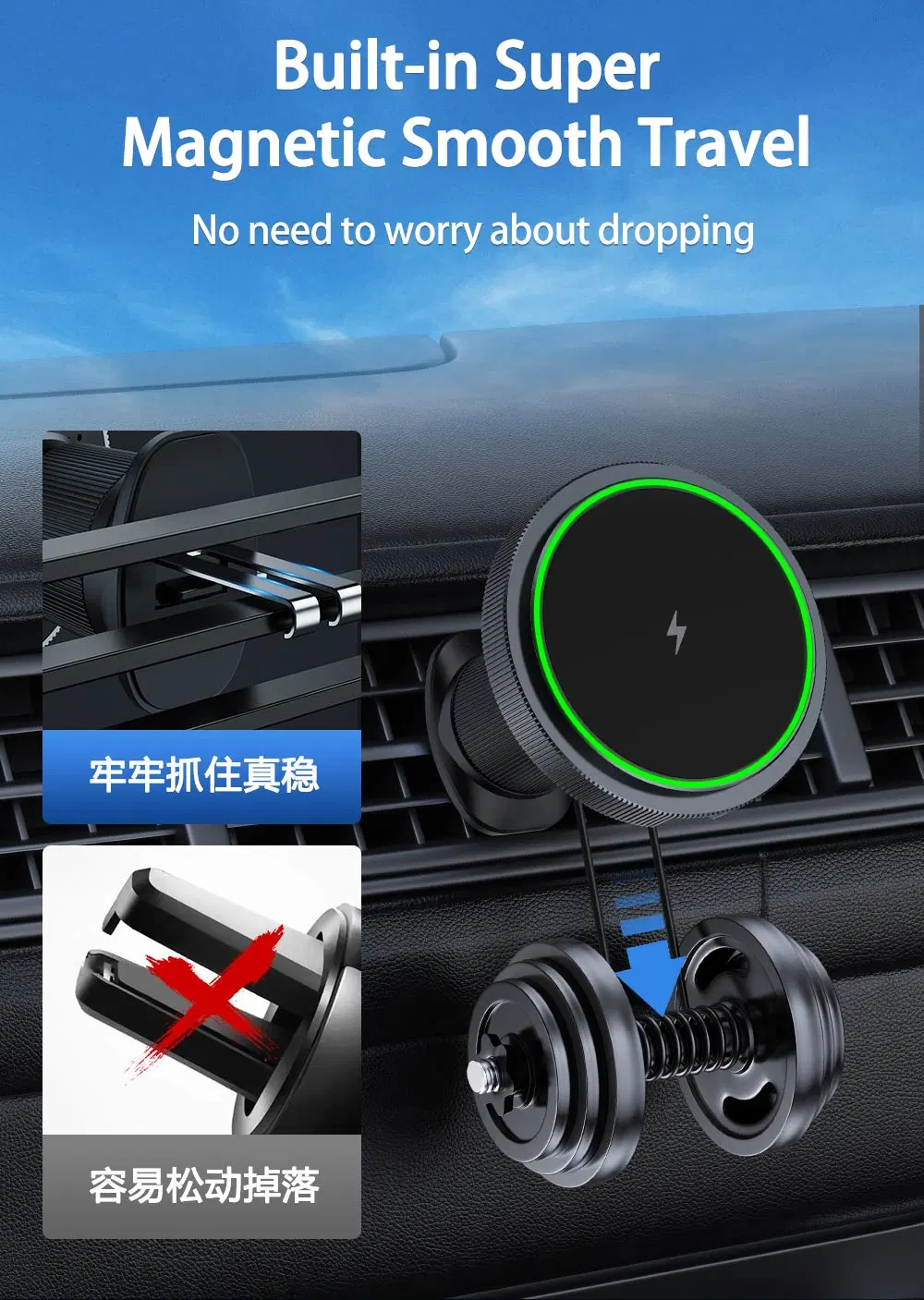 Customized Qi 15W Automatic Opening-Closing Mobile Phone Bracket Wireless Charger in Car