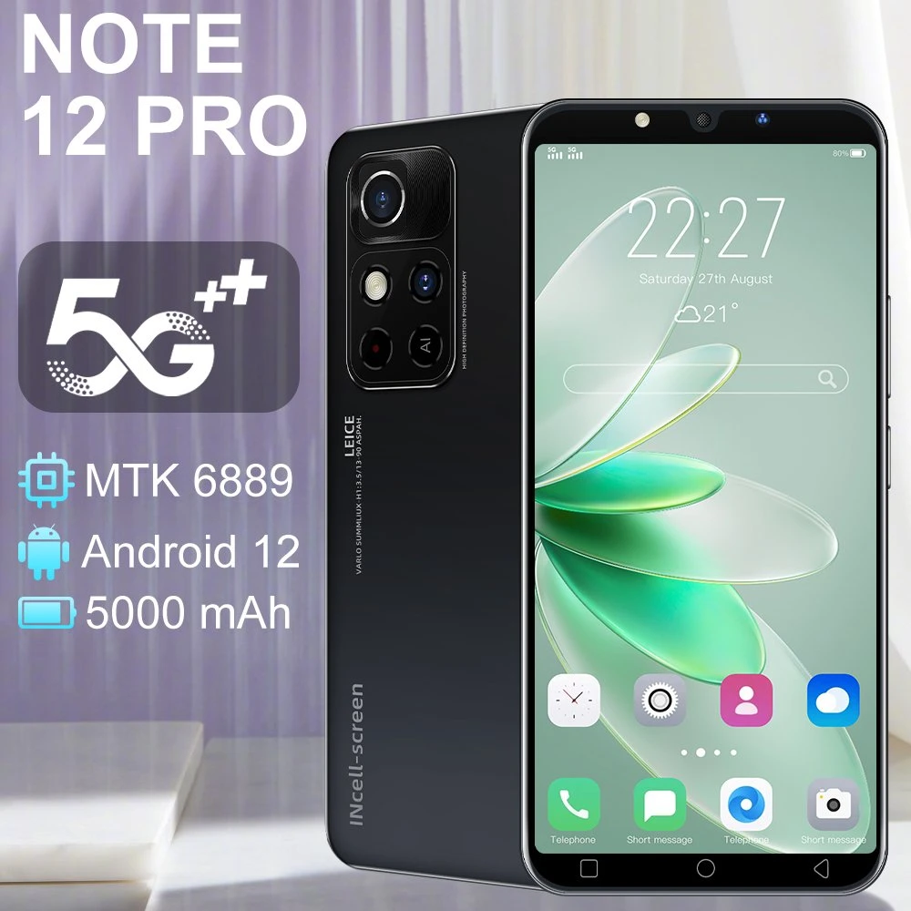 Commerce de gros nouvelle cellule Téléphone Mobile Android Dual SIM modèle Note12 PRO 16 Go à 1 T, 8 Go de 512 Go, 4 Go de 64 Go, 6 Go de 128 Go, 8 Go de 256 Go, l'ODM/Smartphone Viqee OEM Ready en stock