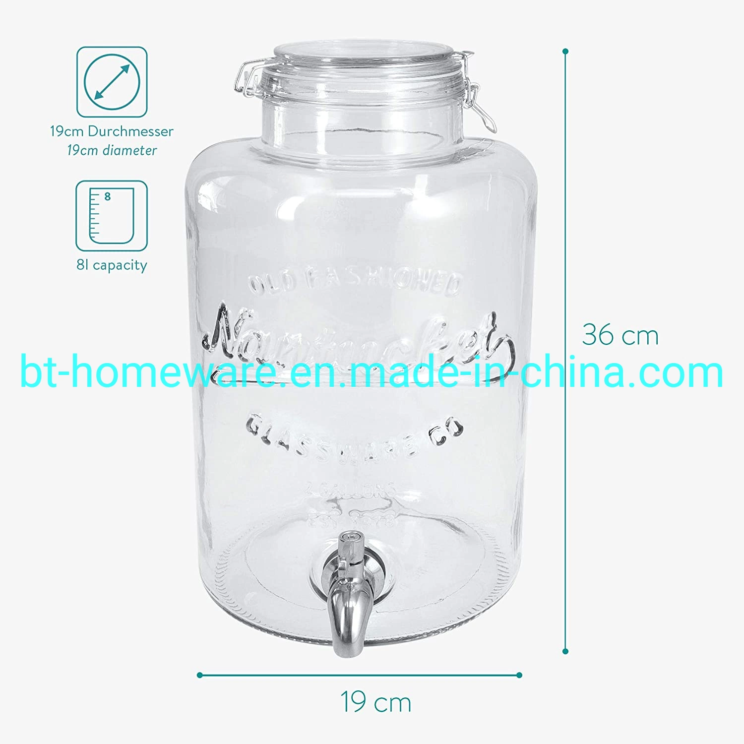 Wholesale/Supplier 2 Gallon Glass Clear Wide Mouth Jar Dispenser with Stainless Steel Tap and Sealing Glass Lid