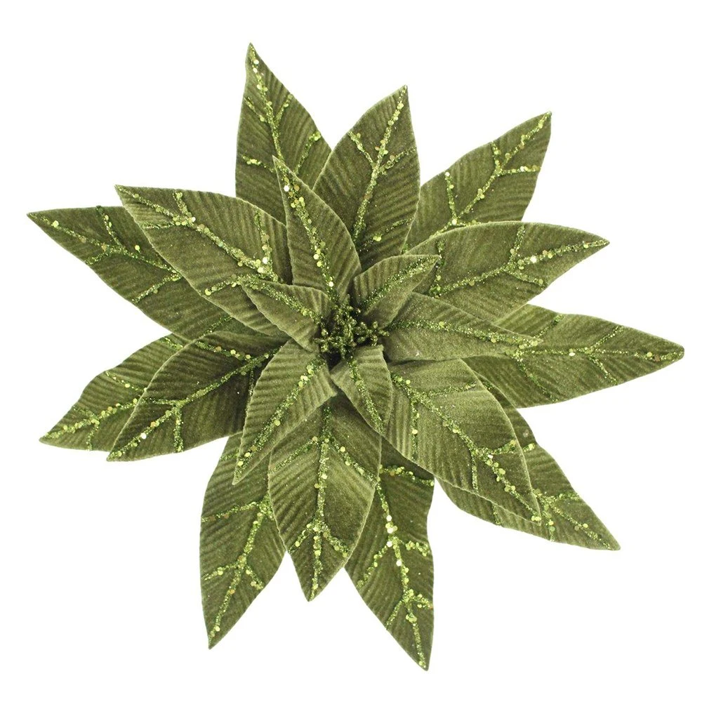 Christmas Ornament Decorative Accents Big Size Flower Green Velvet Poinsettia Glitter Artificial Poinsettia Flowers