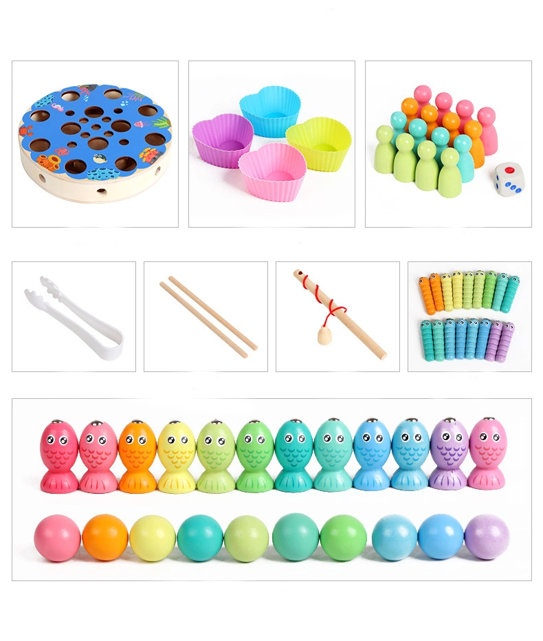 Kids 4 in 1 Montessori Early Educational Magnetic Fishing Toy Kids Multifunction Chess Clip Beads Wooden Table Game