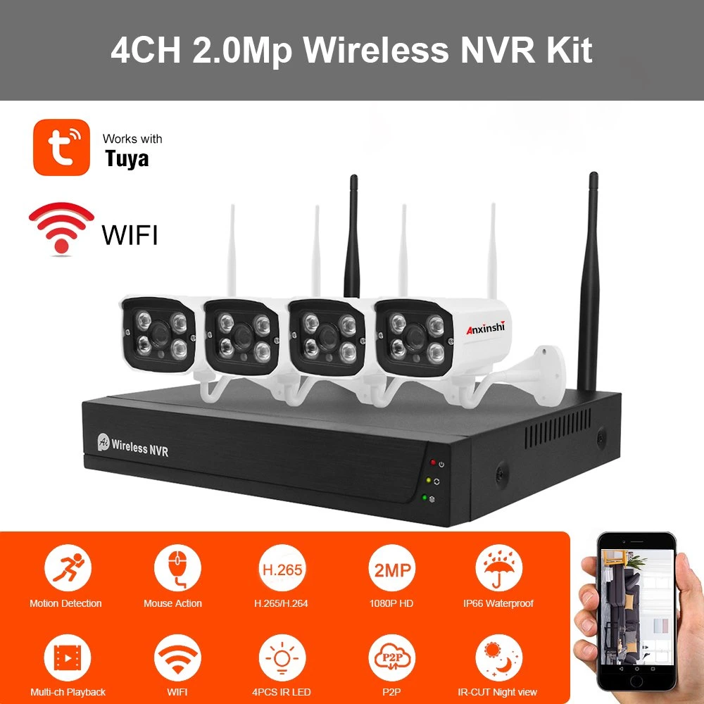 تأمين شبكة WiFi NVR لاسلكية 4 قنوات بدقة 2.0 ميجابكسل Tuya Anxinshi 4CH كاميرا IP ذات تعداد نقطي مضبوطة في الداخل